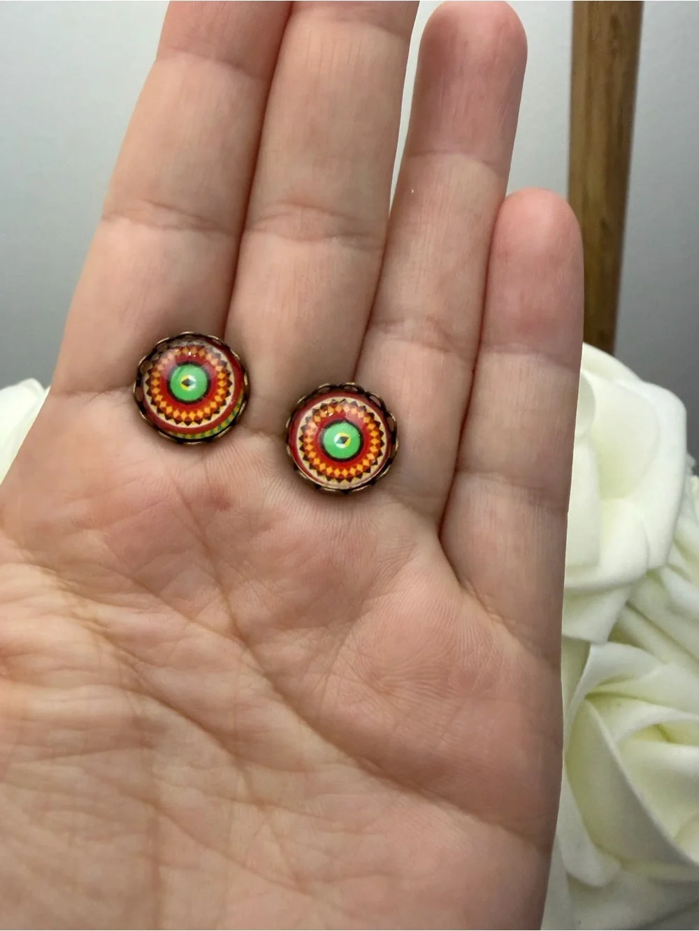 Handmade Colorful Mandala Stud Earrings - Green & Orange